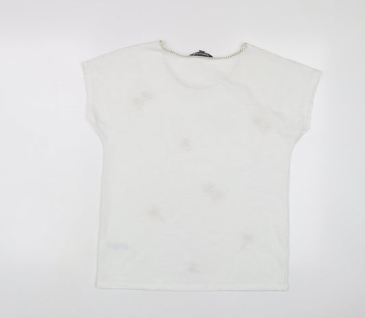 Bonmarché Womens White Polyester Basic T-Shirt Size 10 Crew Neck - Embroidered