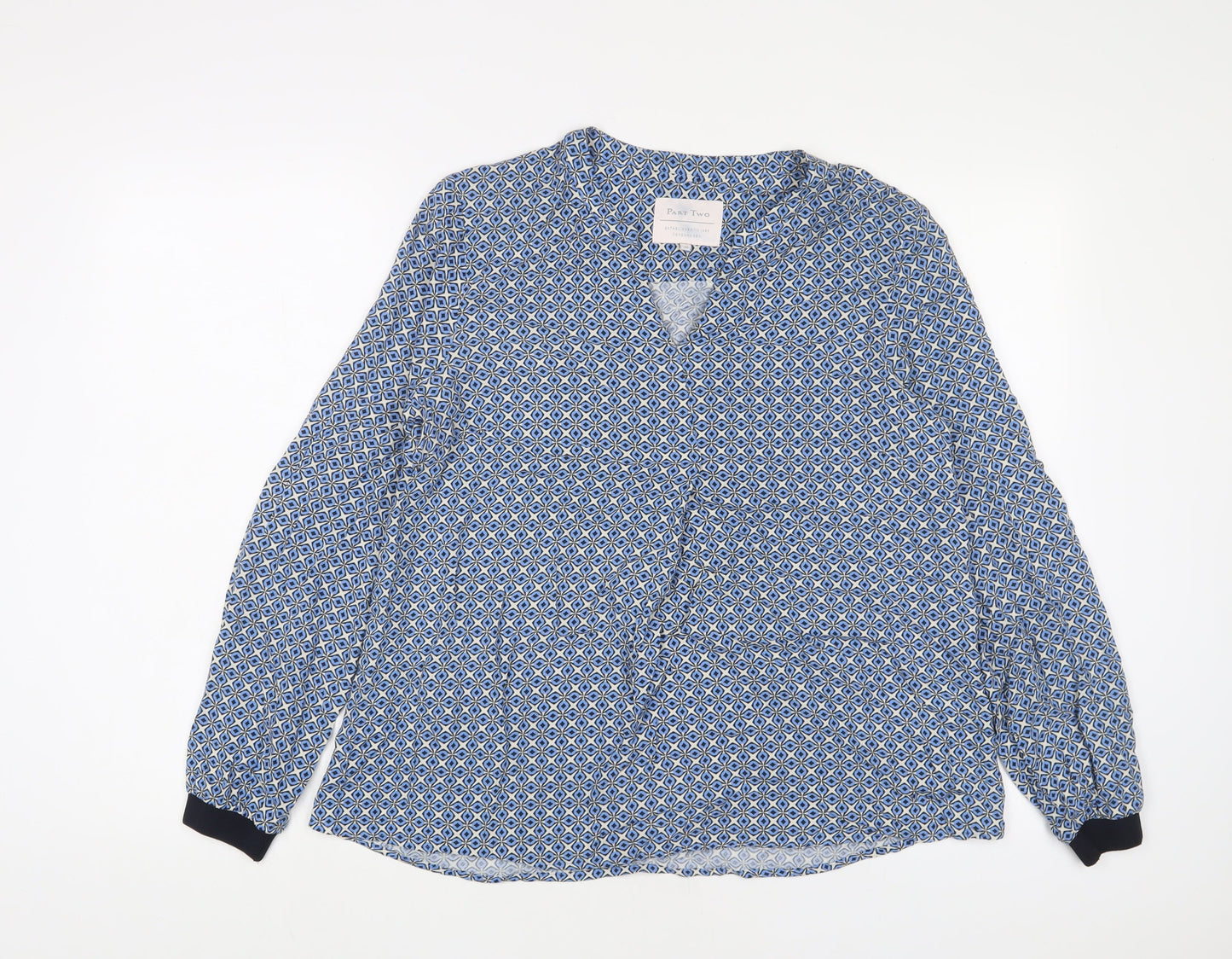 Part Two Womens Blue Geometric Viscose Basic Blouse Size 8 V-Neck