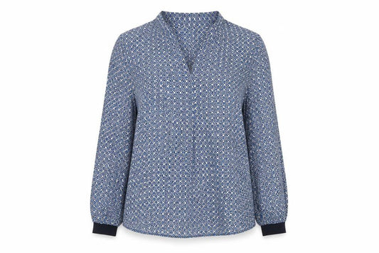 Part Two Womens Blue Geometric Viscose Basic Blouse Size 8 V-Neck
