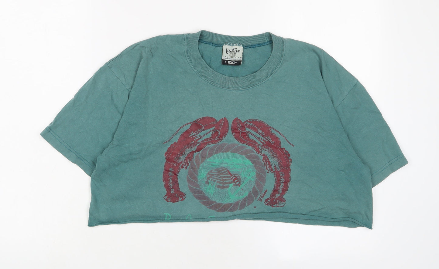 Earth Womens Blue Cotton Cropped T-Shirt Size L Crew Neck