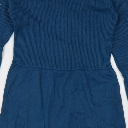 M&Co Womens Blue Acrylic Jumper Dress Size S Boat Neck - 32 inch length.