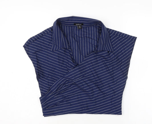 Boohoo Womens Blue Herringbone Cotton Cropped Blouse Size 14 V-Neck