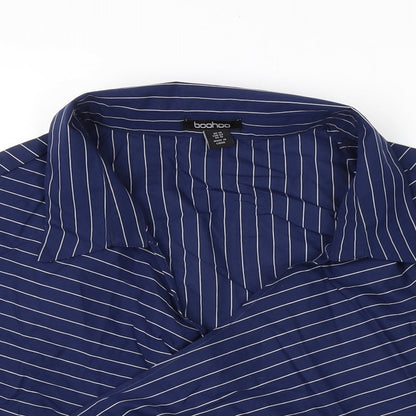 Boohoo Womens Blue Herringbone Cotton Cropped Blouse Size 14 V-Neck