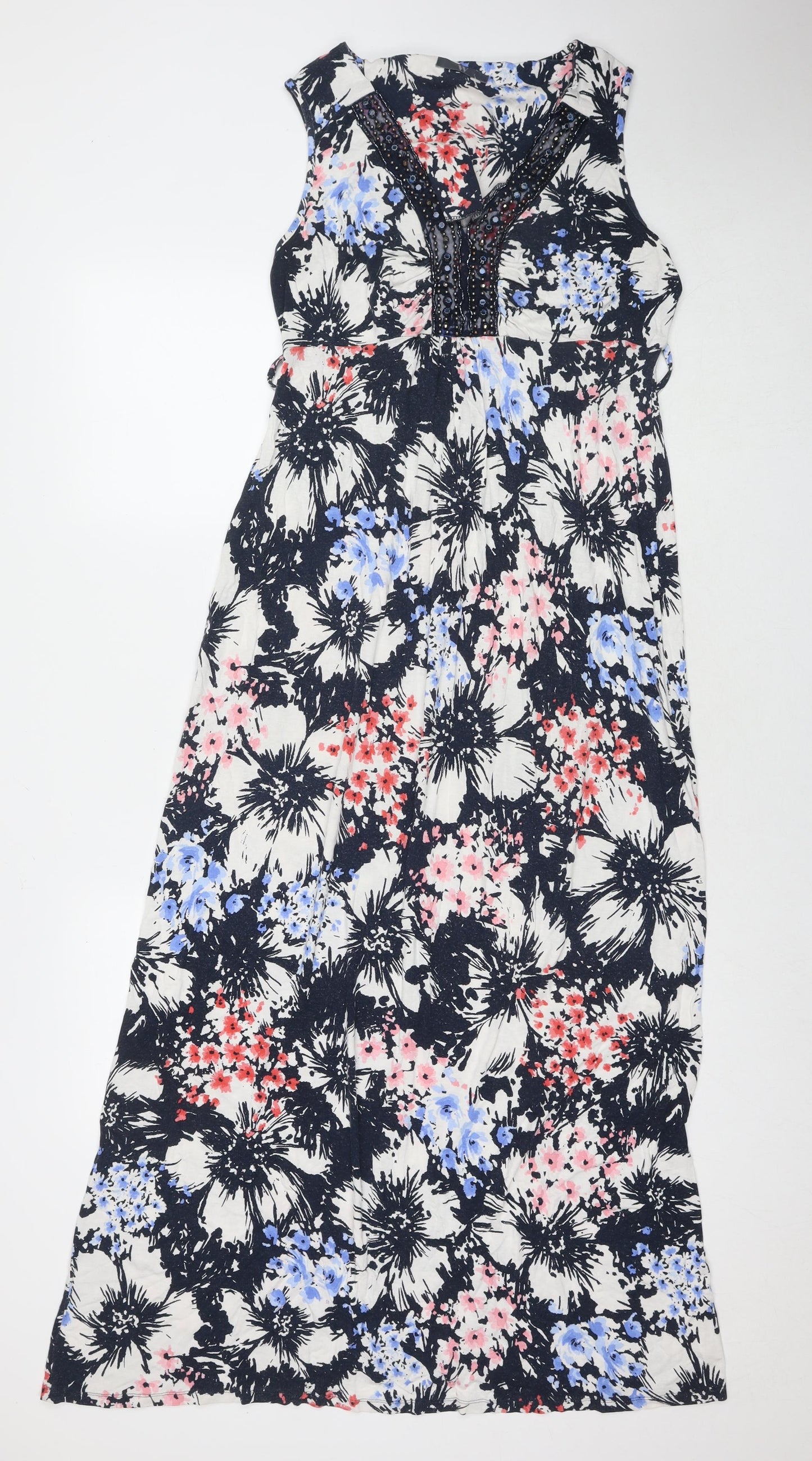 Debenhams Womens Multicoloured Floral Viscose Maxi Size 10 V-Neck Pullover - Beaded Detail