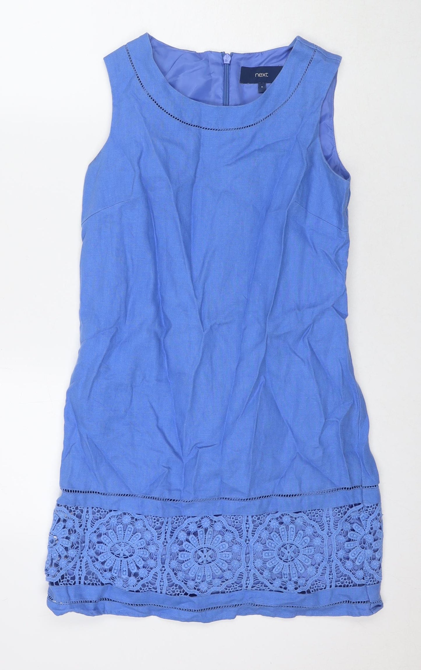 NEXT Womens Blue Linen A-Line Size 8 Round Neck Zip