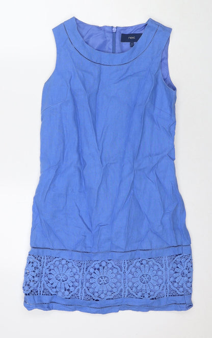 NEXT Womens Blue Linen A-Line Size 8 Round Neck Zip