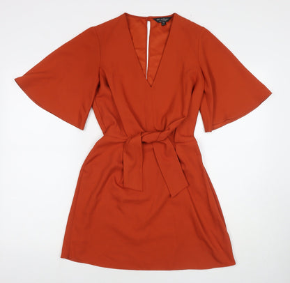 Miss Selfridge Womens Orange Polyester A-Line Size 4 V-Neck Button