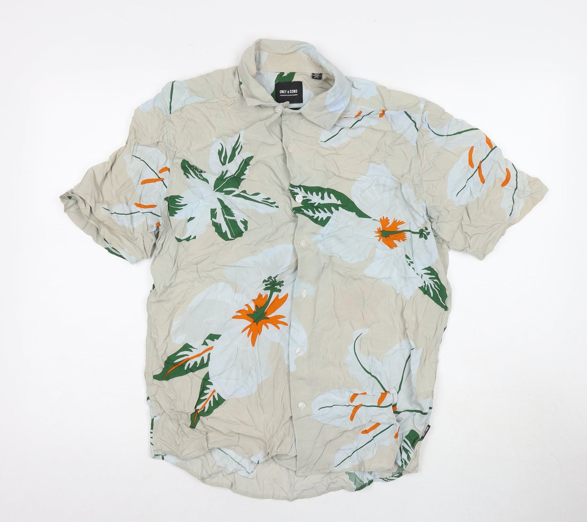Additional front view of Only & Sons men’s multicoloured floral viscose button-up, size M, collared button