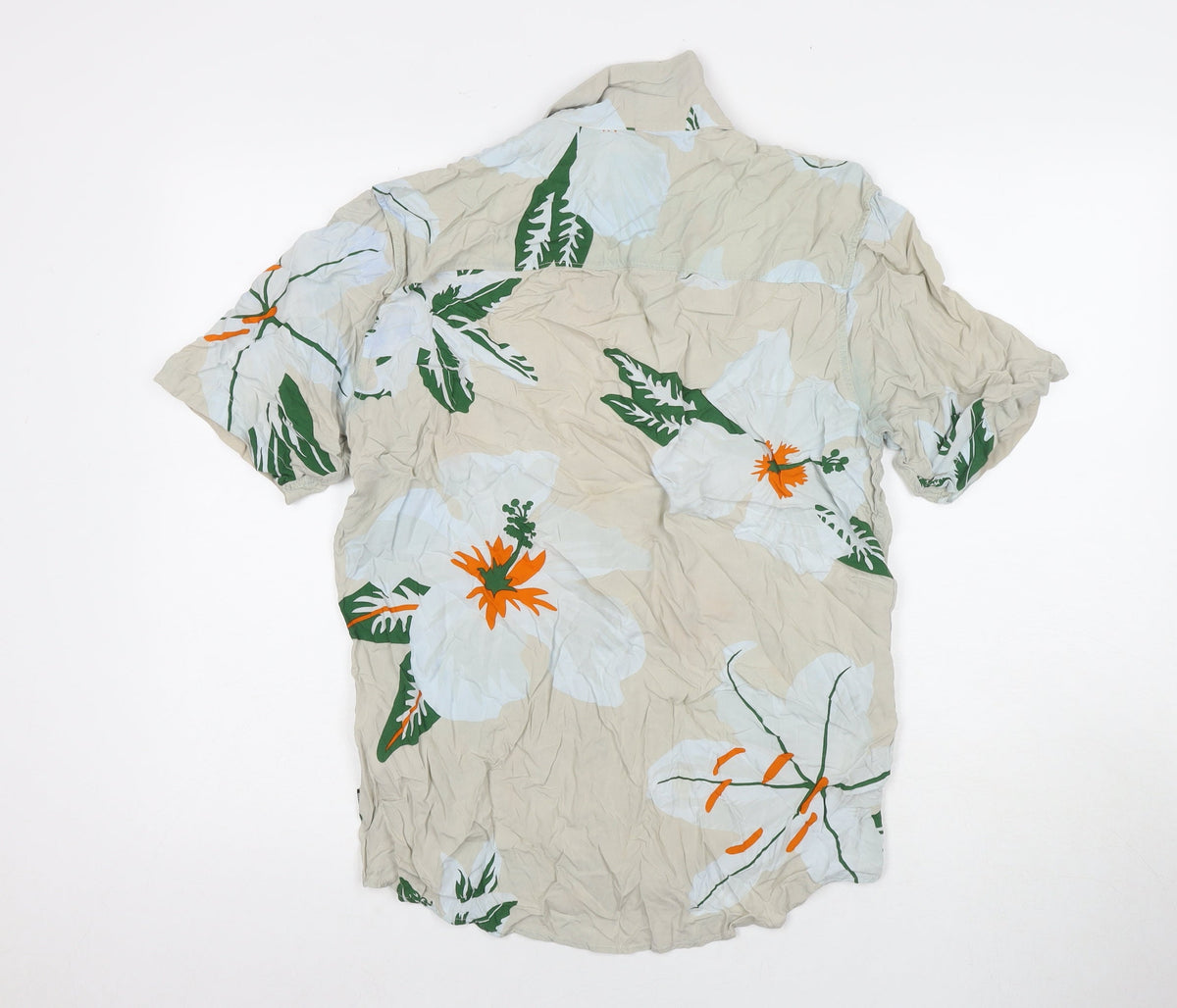 Back view of Only & Sons men’s multicoloured floral viscose button-up, size M, collared button