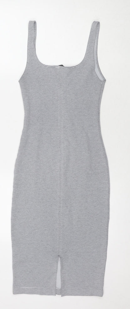 Zara Womens Grey Striped Polyester Bodycon Size S Scoop Neck Pullover