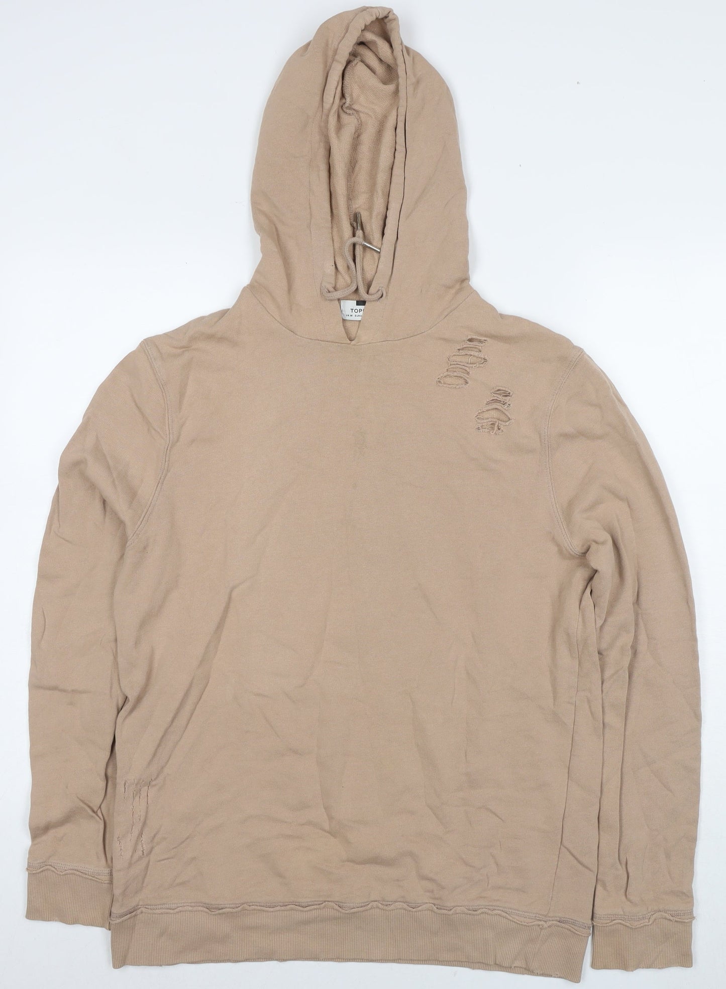 Topman Mens Beige Cotton Pullover Hoodie Size M - Ripped Detail