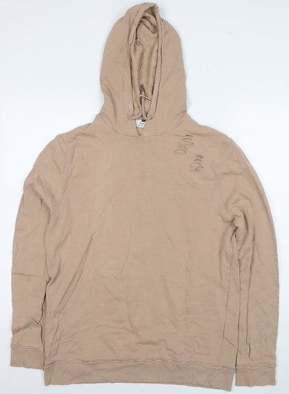 Topman Mens Beige Cotton Pullover Hoodie Size M - Ripped Detail