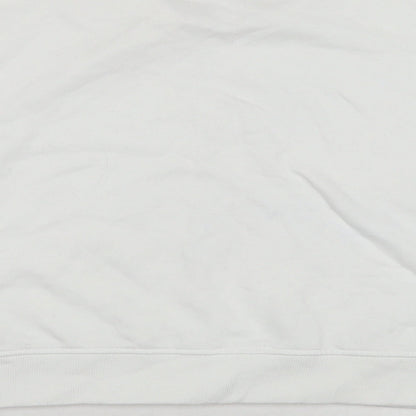 Brand and care label for Missguided women’s white polyester pullover sweatshirt, size UK 6, pullover