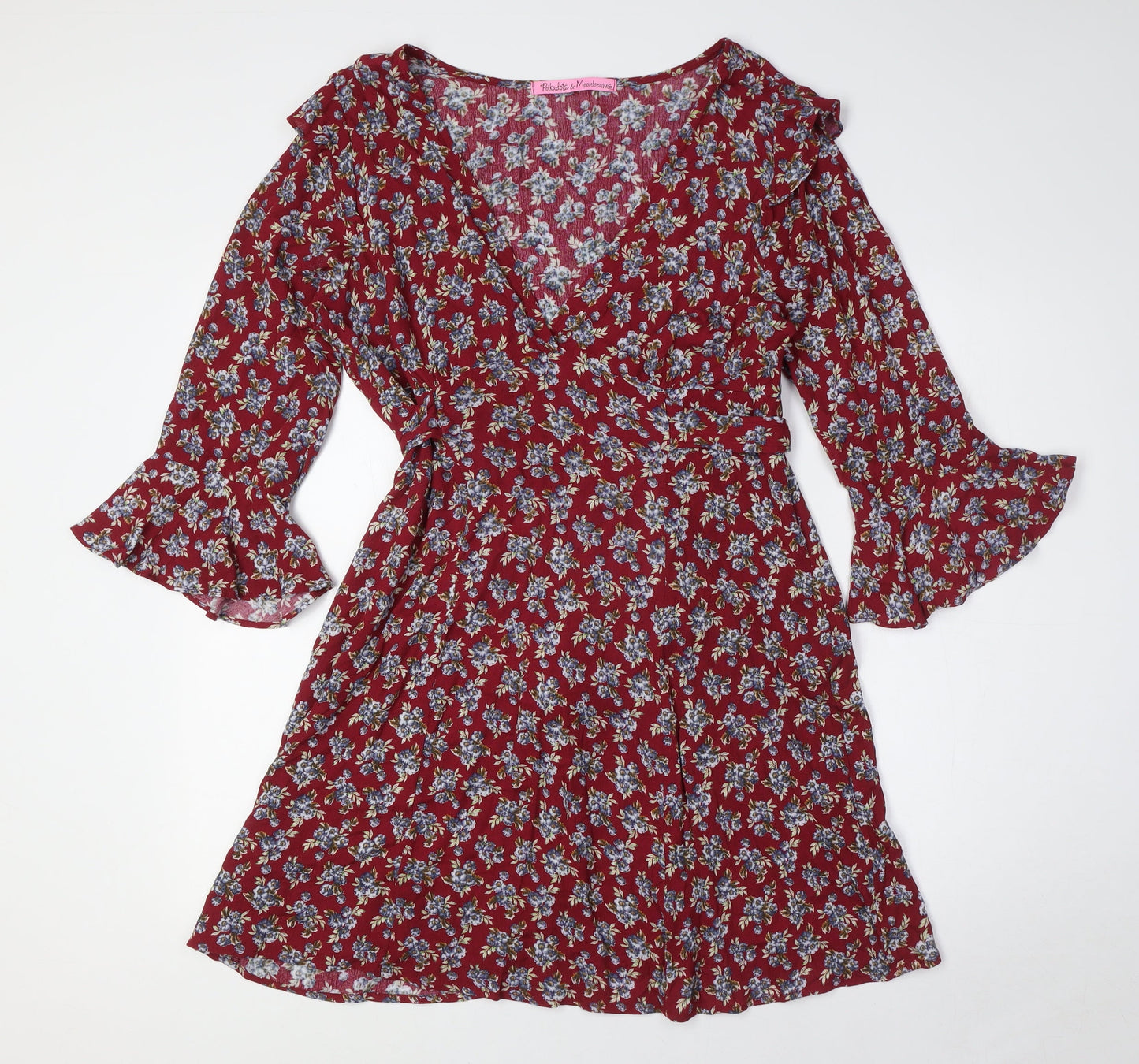 Pink Polkadot Womens Red Floral Rayon A-Line Size L V-Neck Zip