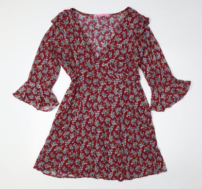 Pink Polkadot Womens Red Floral Rayon A-Line Size L V-Neck Zip
