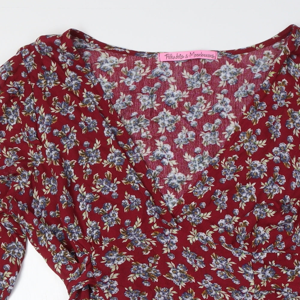 Pink Polkadot Womens Red Floral Rayon A-Line Size L V-Neck Zip