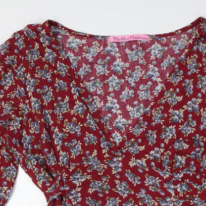 Pink Polkadot Womens Red Floral Rayon A-Line Size L V-Neck Zip