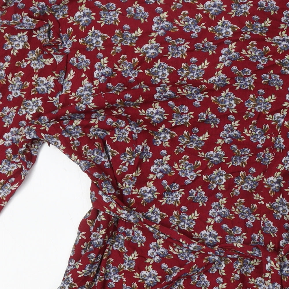Pink Polkadot Womens Red Floral Rayon A-Line Size L V-Neck Zip