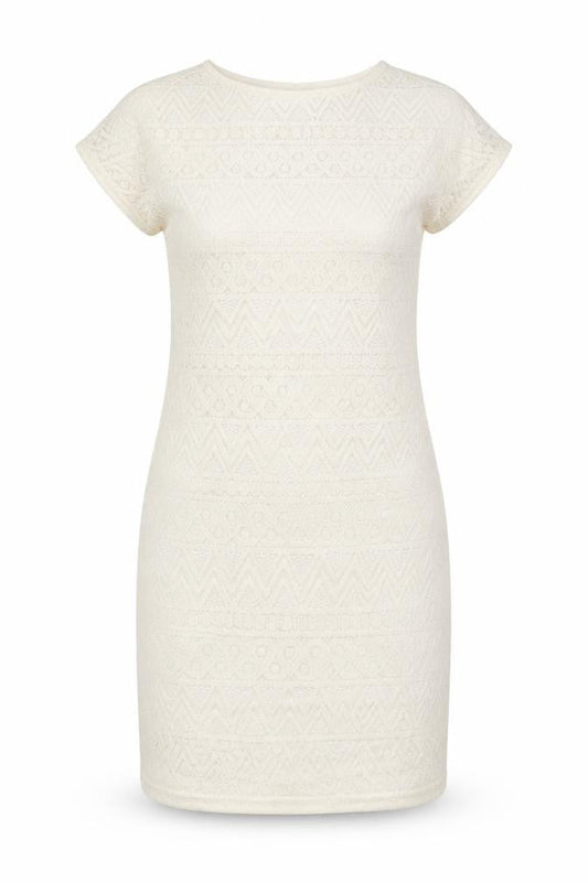 Front view of AX women’s ivory cotton pencil dress, size UK 4, boat neck - lace overlay
