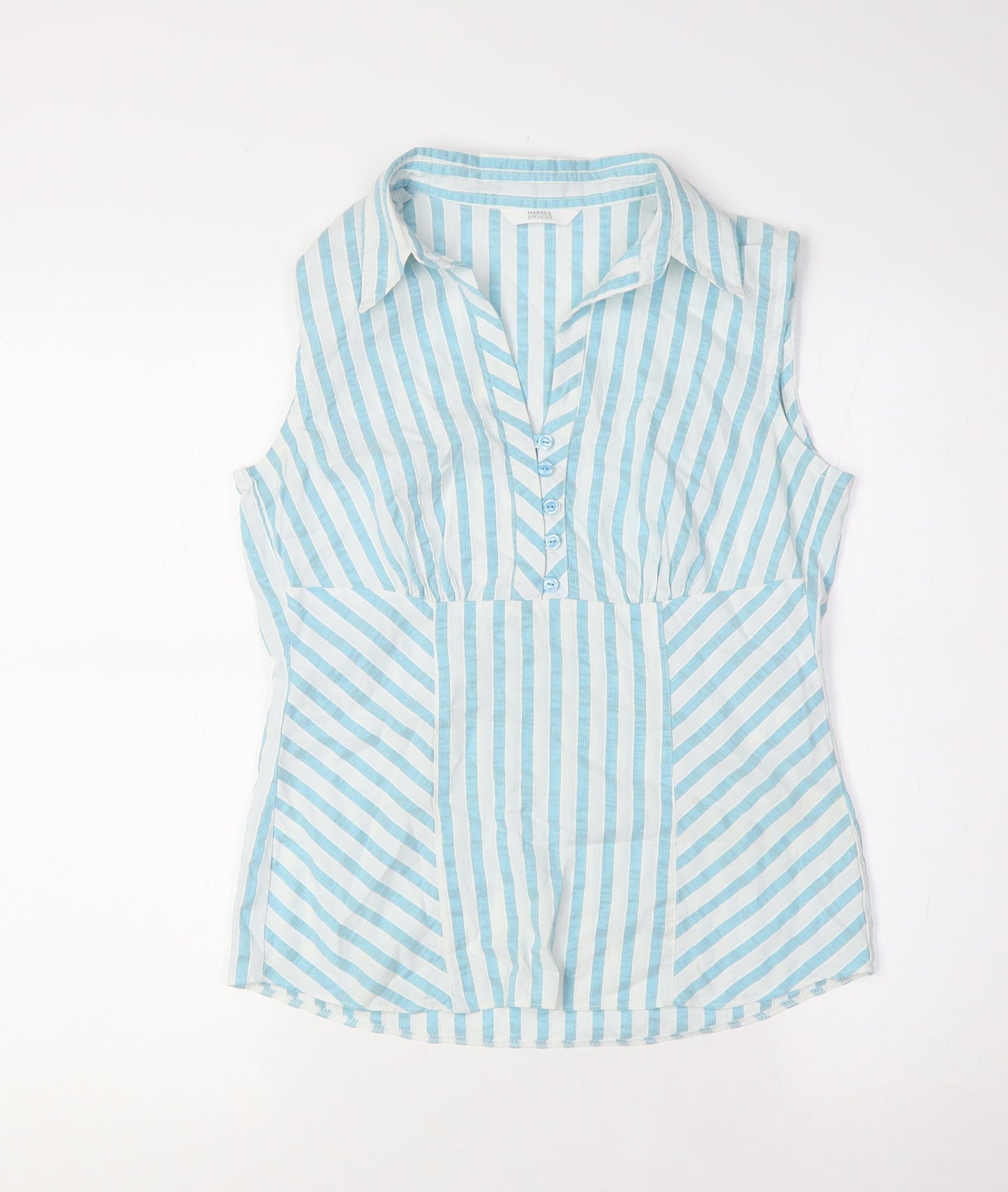 Marks and Spencer Womens Green Striped Cotton Basic Button-Up Size 8 Collared