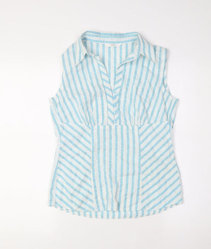 Marks and Spencer Womens Green Striped Cotton Basic Button-Up Size 8 Collared
