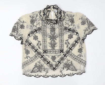 Womens UK Size S Zara Ivory Cropped Button-Up