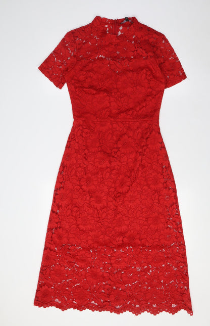 NEXT Womens Red Polyester Pencil Dress Size 6 Mock Neck Zip - Lace Overlay