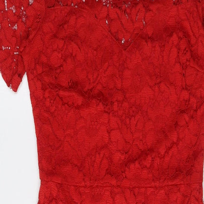 NEXT Womens Red Polyester Pencil Dress Size 6 Mock Neck Zip - Lace Overlay
