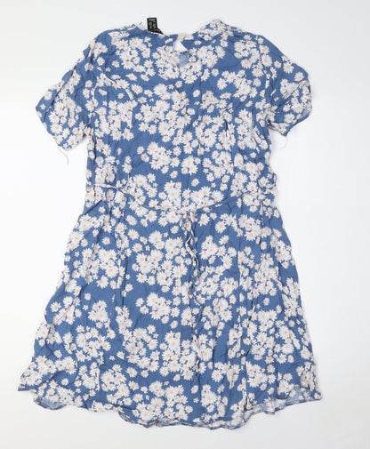 New Look Womens Blue Floral Viscose A-Line Size 10 Round Neck Button