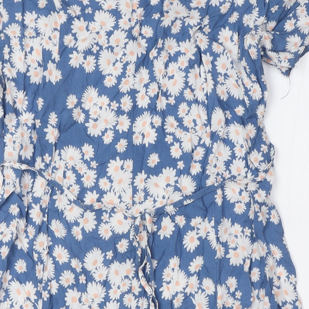 New Look Womens Blue Floral Viscose A-Line Size 10 Round Neck Button