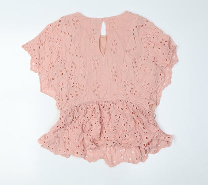 River Island Womens Pink Viscose Basic Blouse Size 8 Scoop Neck - Broderie Anglaise