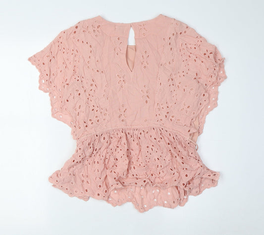 River Island Womens Pink Viscose Basic Blouse Size 8 Scoop Neck - Broderie Anglaise