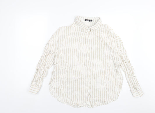 Boohoo Womens Ivory Striped Viscose Basic Button-Up Size 8 Collared