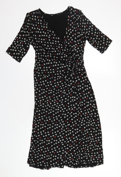 Marks and Spencer Womens Black Polka Dot Viscose A-Line Size 12 V-Neck Pullover