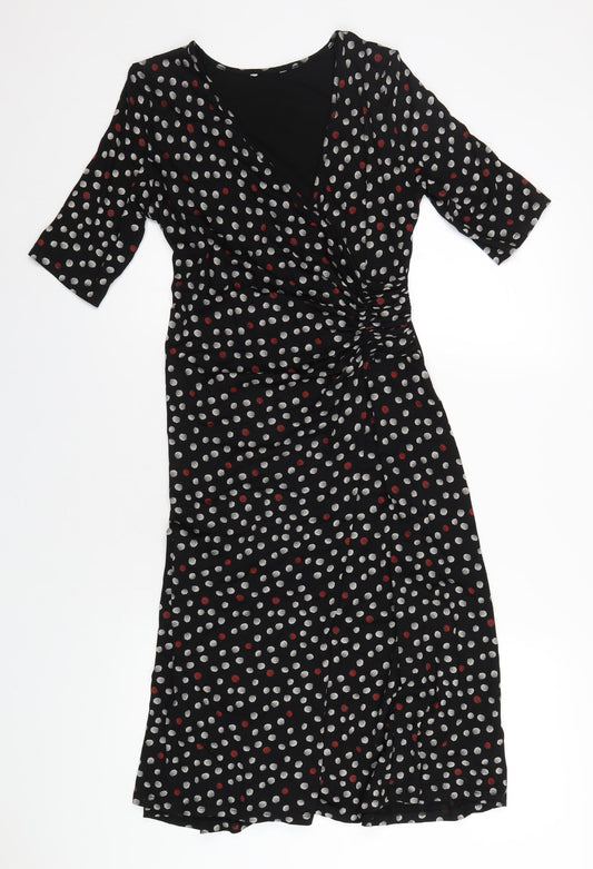 Marks and Spencer Womens Black Polka Dot Viscose A-Line Size 12 V-Neck Pullover