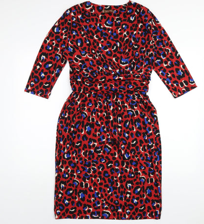 Jolie Moi Womens Red Animal Print Polyester Pencil Dress Size 12 V-Neck Pullover