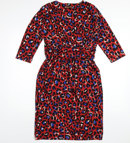 Jolie Moi Womens Red Animal Print Polyester Pencil Dress Size 12 V-Neck Pullover