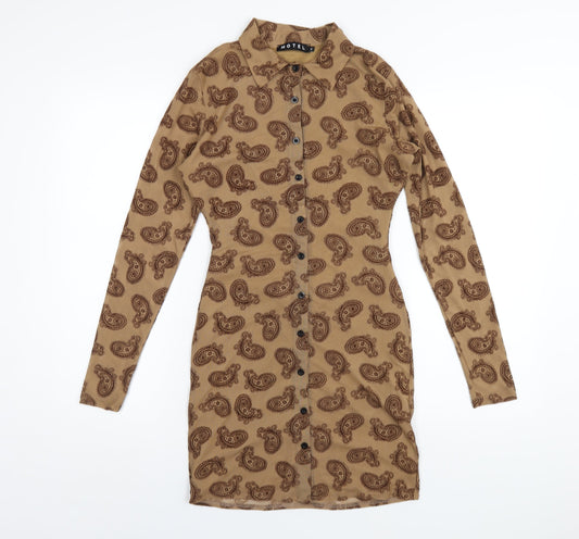 Motel Womens Brown Paisley Polyester Shirt Dress Size S Collared Button