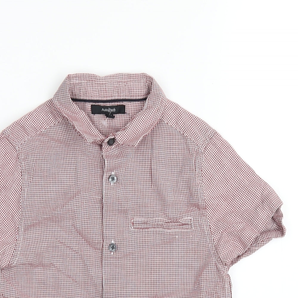Close-up detail of Autograph boys’ red check cotton basic button-up, size 7-8, years collared button