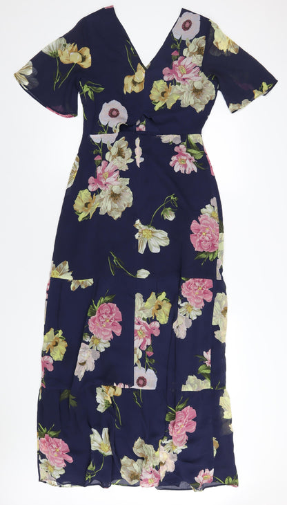 Warehouse Womens Blue Floral Polyester A-Line Size 10 V-Neck Zip
