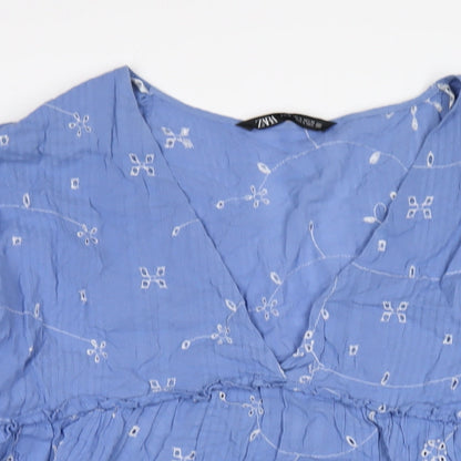 Zara Womens Blue Cotton A-Line Size XL V-Neck Pullover
