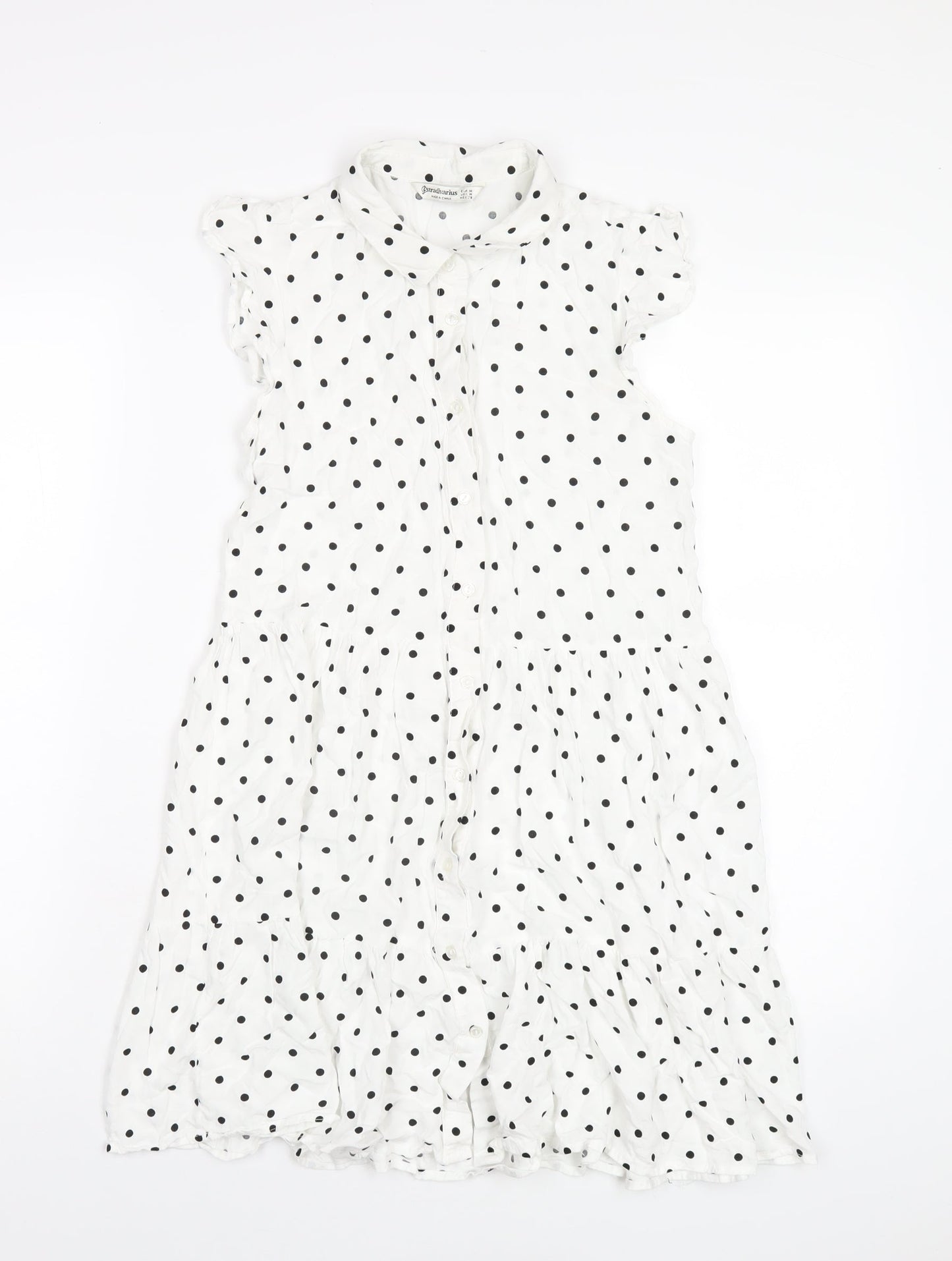 Stradivarius Womens White Polka Dot Viscose Shirt Dress Size M Collared Button