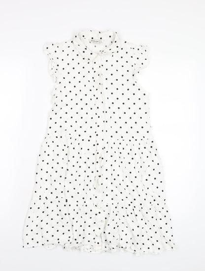 Stradivarius Womens White Polka Dot Viscose Shirt Dress Size M Collared Button