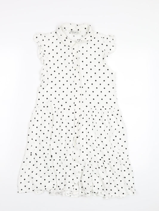 Stradivarius Womens White Polka Dot Viscose Shirt Dress Size M Collared Button