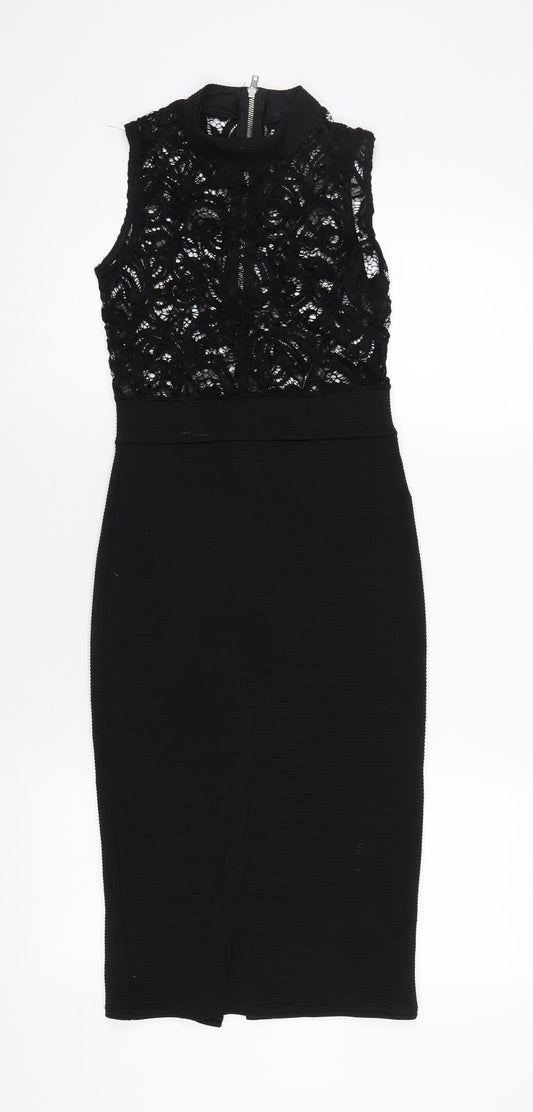 Quiz Womens Black Nylon Bodycon Size 8 Mock Neck Zip