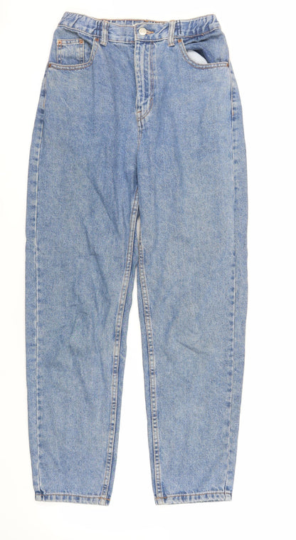 Pull&Bear Womens Blue Cotton Mom Jeans Size 8 L29 in Regular Zip - Elasticated Waist