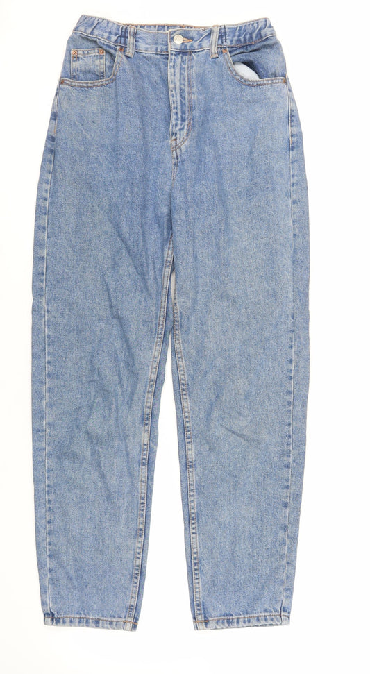 Pull&Bear Womens Blue Cotton Mom Jeans Size 8 L29 in Regular Zip - Elasticated Waist