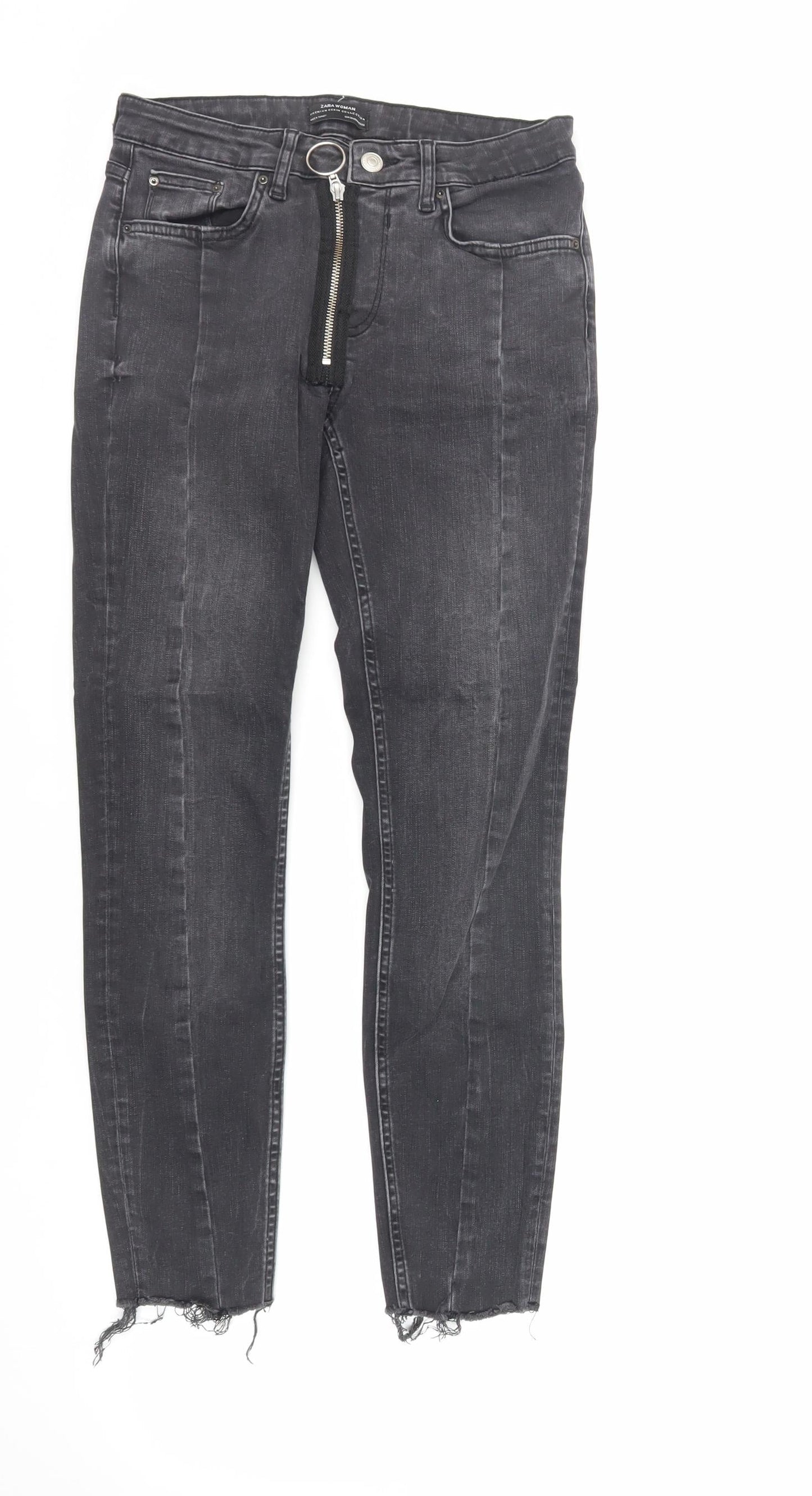 Zara Womens Grey Cotton Skinny Jeans Size 8 L27 in Regular Zip - Raw Hem