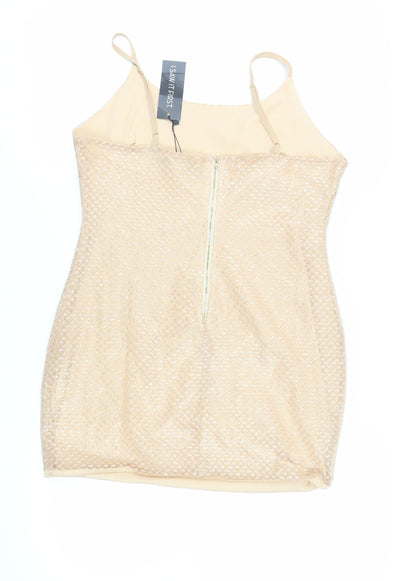 I SAW IT FIRST Womens Beige Polyester Mini Size 14 Round Neck Zip - Sequins
