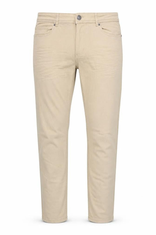 Front view of Denim & Co. men’s beige cotton skinny jeans, size 34, in, 32-inch leg regular zip